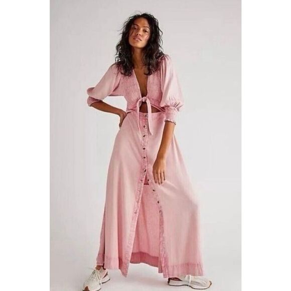 Free People Dresses & Skirts - NWT Free People String Of Hearts Maxi Dress Smocked V Neck Buttondown  size L